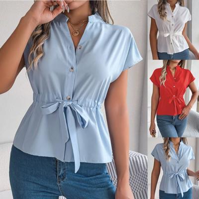 Summer Key Short Sleeve Chiffon V-Neck Button Shirt Elegant Waistline Style Women's Clothing