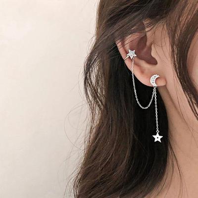Sterling Silver Color Tassel Earrings Women Latest Trendy Fashionable Stars Moon Cubic Zircon Stud Earrings Elegant Party Event Jewelry