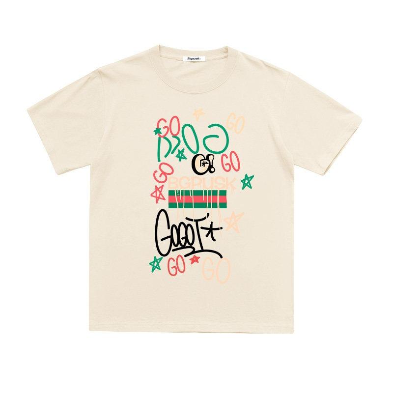 New graffiti loose round neck pure cotton multi-color short-sleeved T-shirt top with light luxury and high-end feel