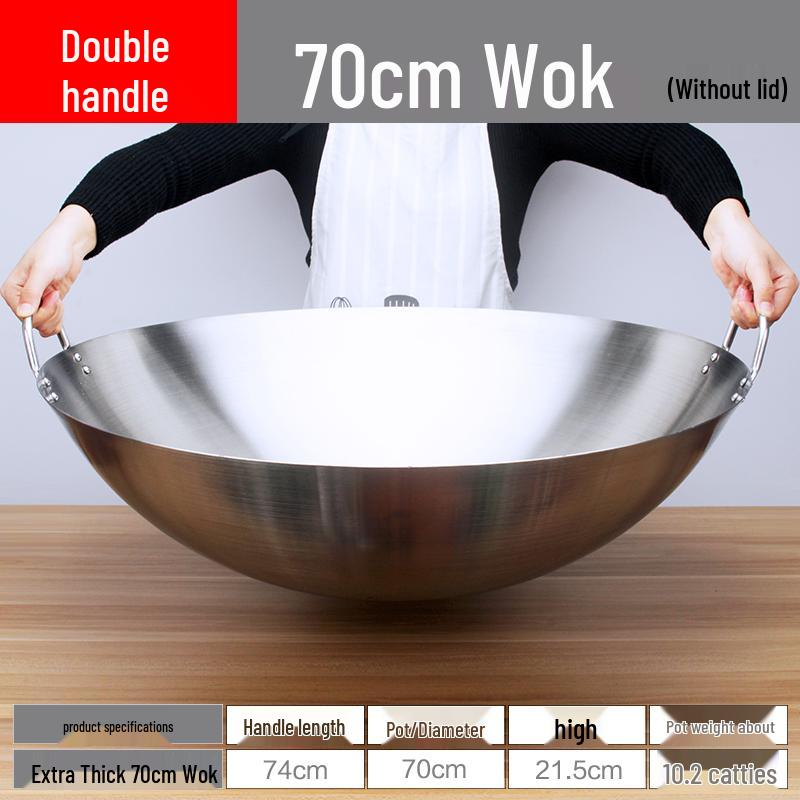 Extra Thick Non-Magnetic Stainless Steel Wok, 34-100cm Round Bottom with Double Ears for Commercial Use