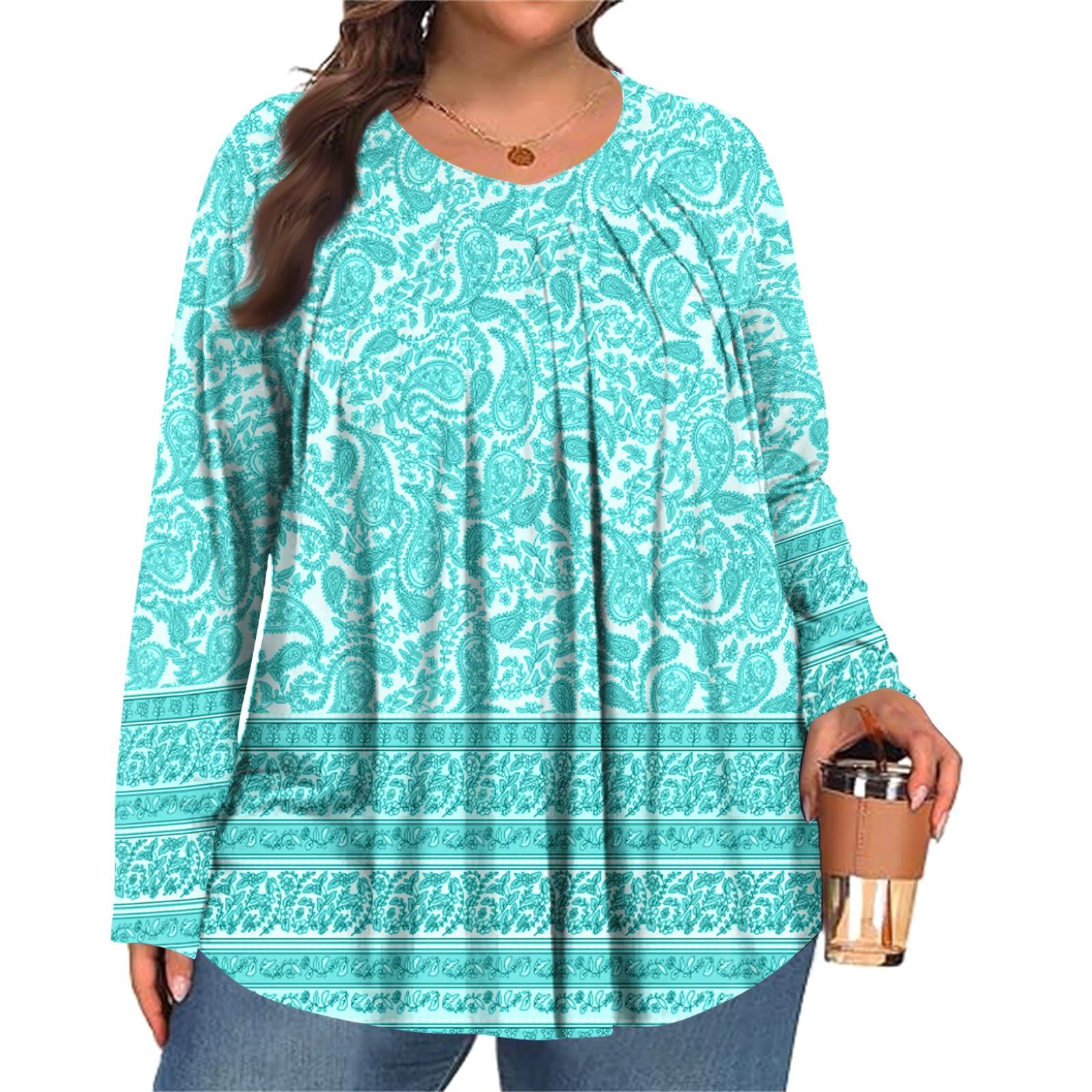 

Женский модный топ большого размера с принтом, повседневный плиссированный, с круглым вырезом и длинными рукавами XXL