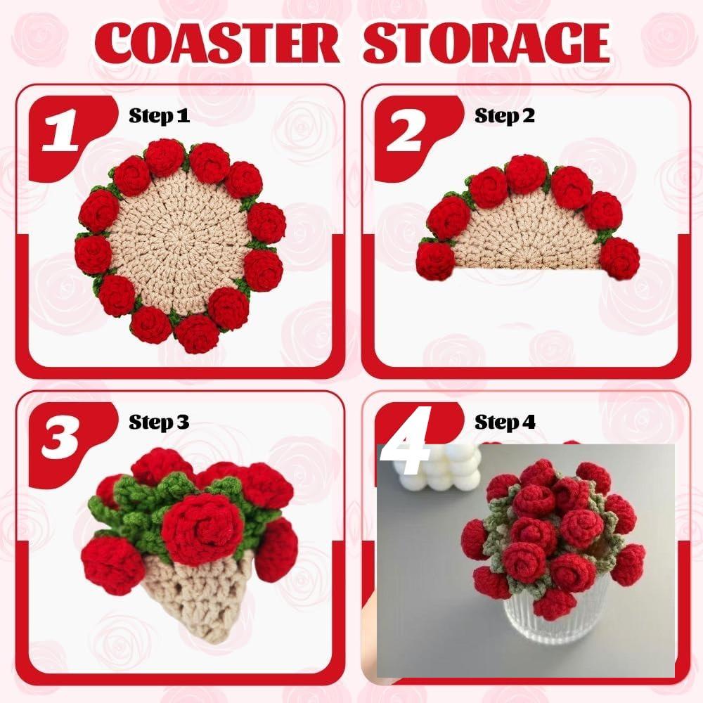 1PC Handmade Crochet Rose Coaster DIY Knitted Flower Insulated Cup Mat Mini Bouquet Creative Design Gift for Home Office Decor