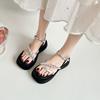 Summer new slope heel toe sandals women's rhinestone word with open toe silver thick-soled cool slippers