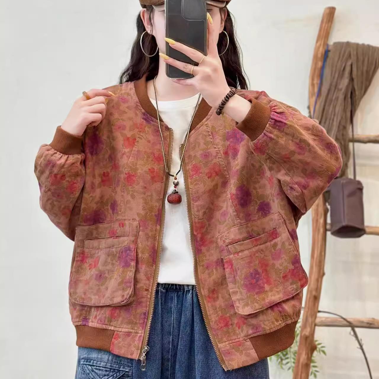 

DIMANAF 2025 Short Coat Jacket Women Linen Long Sleeve Pockets Fashion Retro Print Tops Tees Loose Tees New One Size