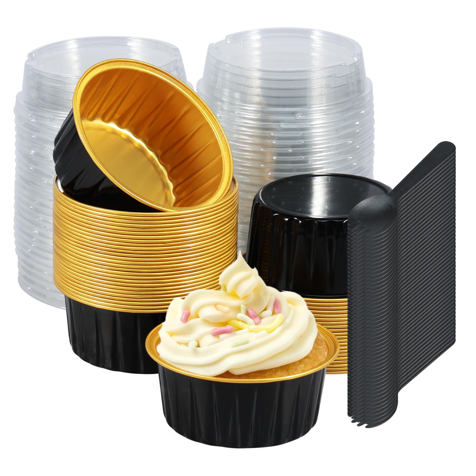 

50/100Pcs Mini Cake Pans with Lids and Spoons Aluminum Foil Baking Pans Mini Chocolates Containers Muffin Tins Loaf Pans Kitchen