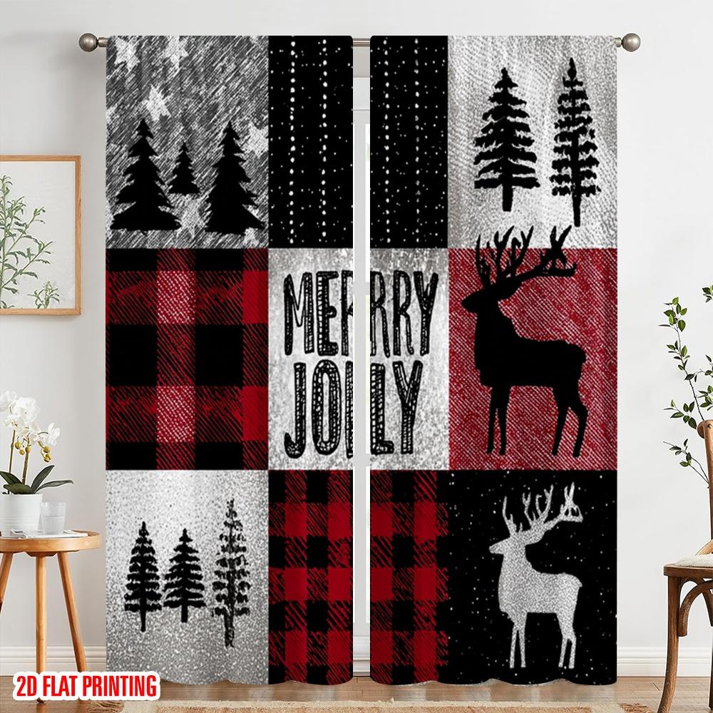 2pcs,2D plane printing Pattern Curtains Black and white checkered reindeer and Christmas tree Versatile 100% Polyester (without