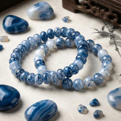 2pcs of New Blue-Dotted White Agate Oval Abacus Beads + Blue-Dotted White Agate Round Bead Elastic Handmade Bracelet, Perfect for Any Occasion