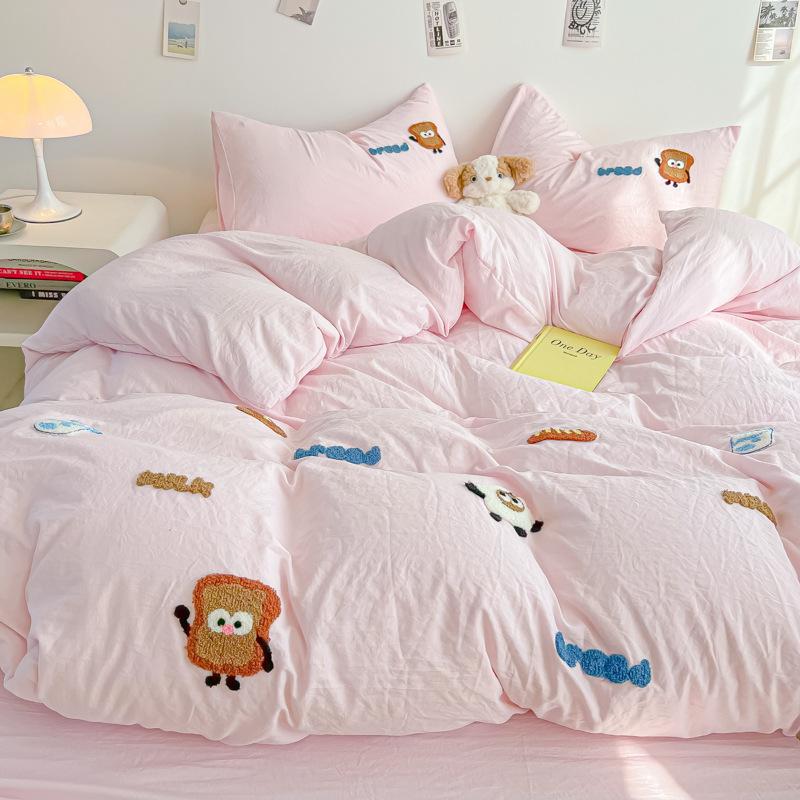 Cartoon Cotton Towel Embroidered Comforter Set Machine Washable Bed Linen Bedding Spring New Soft Breathable Fitted Sheet
