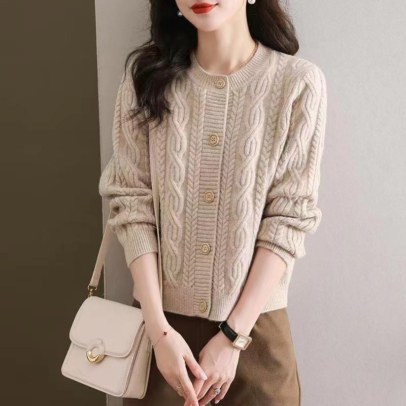 2026 Women's Round Neck Cable Knit Cardigan - Autumn/Winter Trendy Short Sweater Coat