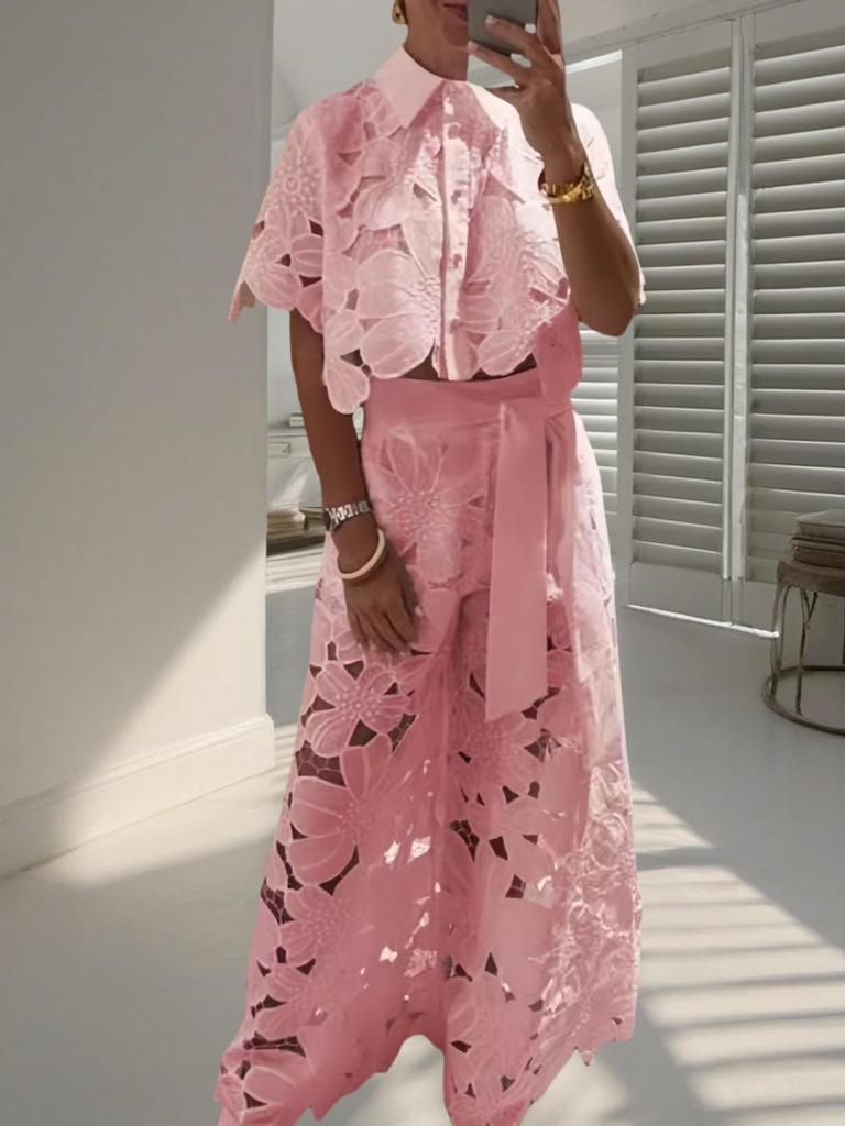 2025 Summer Women's Solid Color Casual Hollow Out Cardigan & Wide Leg Pants Set