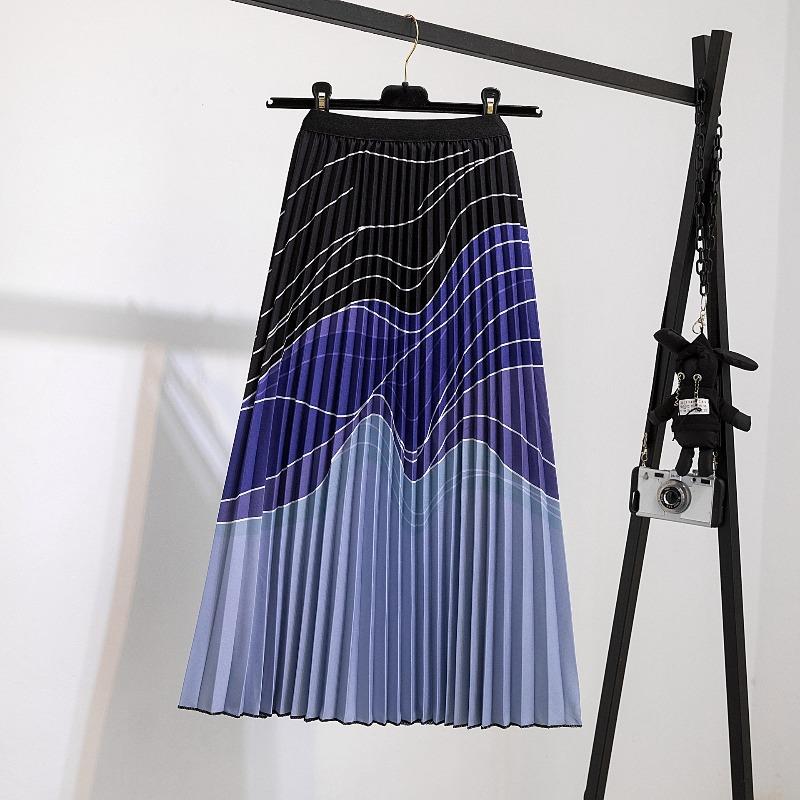 New Supply Digital Printing Pleated Skirt Medium Length Pleated Skirt Elastic Waist