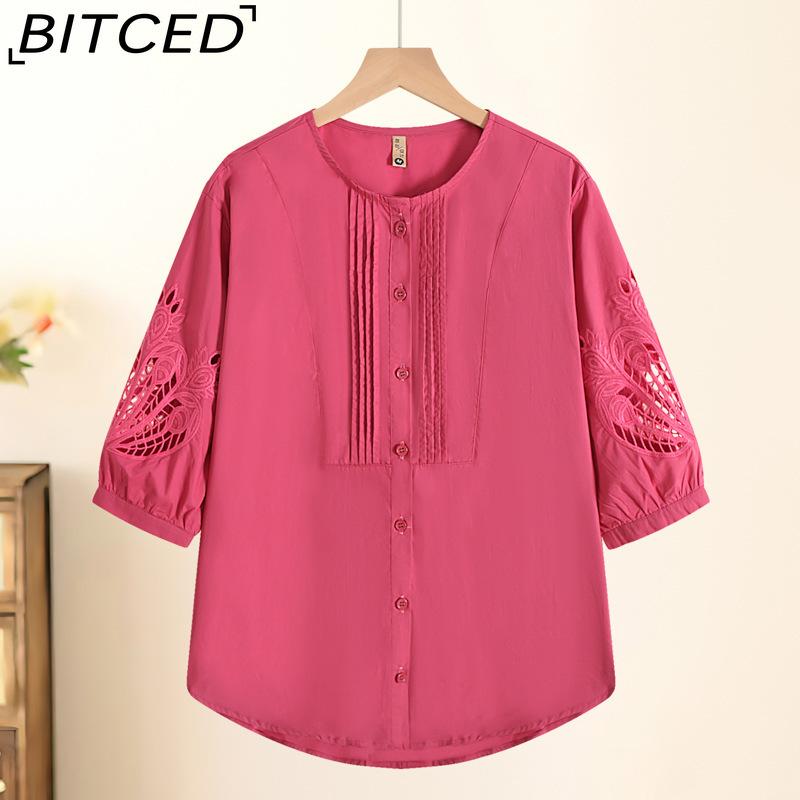 

BITCED Summer Cotton Shirt for Women Loose-fitting, Flattering, Youthful Lace-up Embroidered Short-sleeved Top Breathable, Lightweight Casual Blouse XXXL розы красного