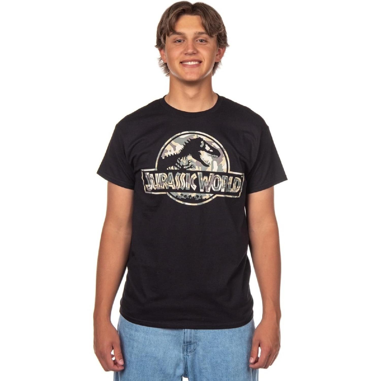 Jurassic World Men s T-Shirt Camo Filled Logo Design Adult Short Sleeve Crewneck Tee S