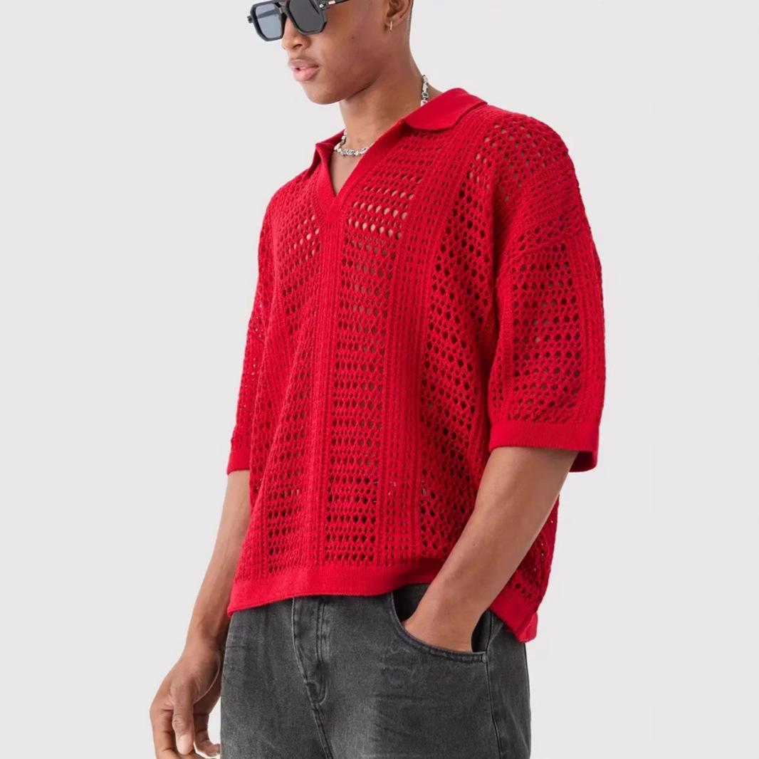 

Men s Red Knit Polo Shirt with V-Neck and Short Sleeves, Breathable Openwork Design, Casual Summer Top S