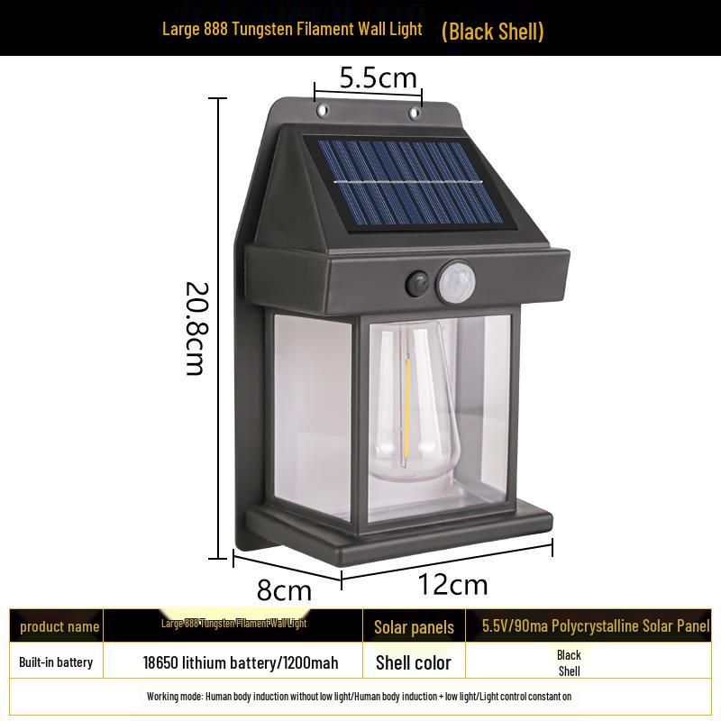 Solar Outdoor Wall Light with Human Body Sensor, Three Modes, Tungsten Filament, Waterproof for Garden or Villa Night Lighting.