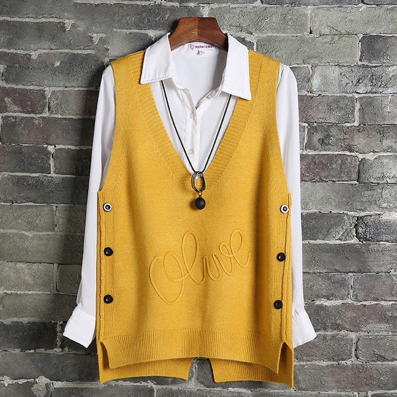 Autumn and Winter Knitted Vest Sleeveless Sweater Short Pullover Women Loose Waistcoat Irregular Hem