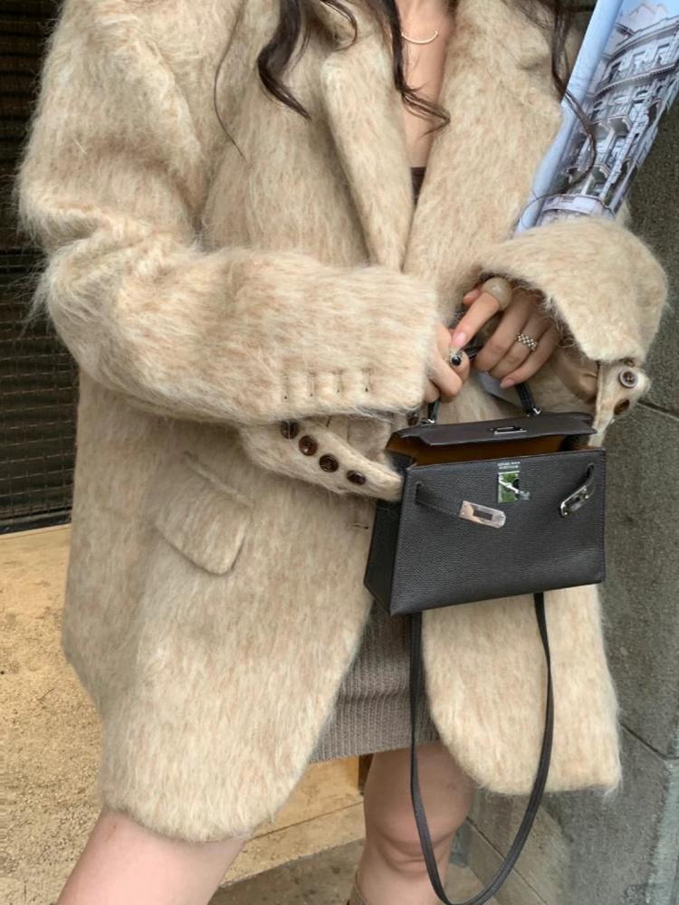 Pevná Elegantní Vintage Kožešinová Bunda Dámská Nová Móda Sladký Volný Kancelářský Kabát Dámský Korejský Návrhář Ležérní Streetwear Oblečení 2024
