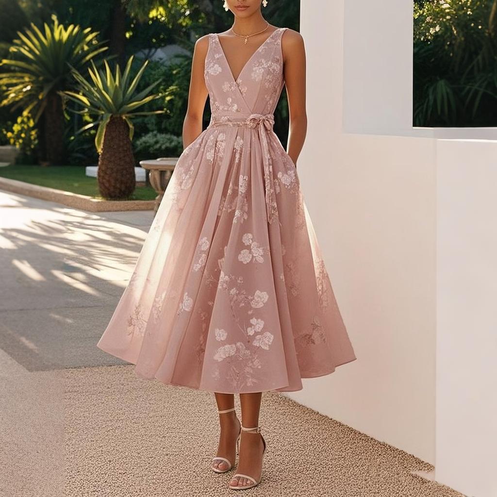 Sleeveless V Neck Floral Print Midi Dress Wrap Waist Tie Elegant Evening Party Dress for Women