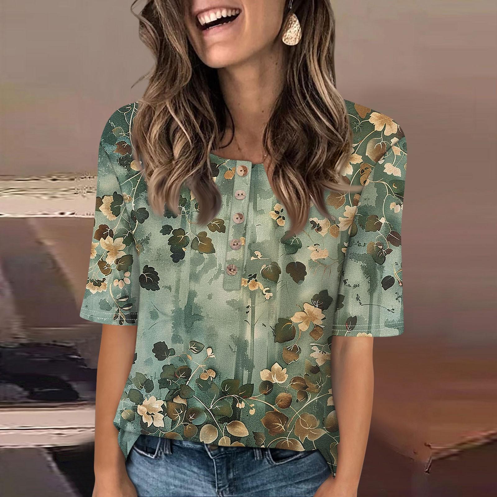 

Женский свободный повседневный топ с круглым вырезом и пуговицами с коротким рукавом и цветочным принтом XL