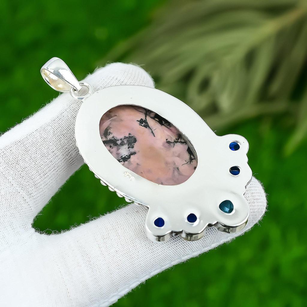 Natürlicher Rhodonit Edelstein Anhänger Rosa 925 Sterling Silber Indischer Schmuck