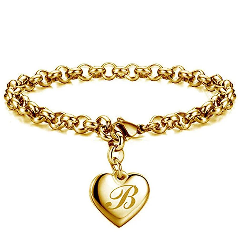 1 StückNeuer Goldfarbener Initialbuchstabe Herzanhänger Armbänder Für Frauen Edelstahl Gliederkettenarmband Mit 26 Buchstaben Graviert