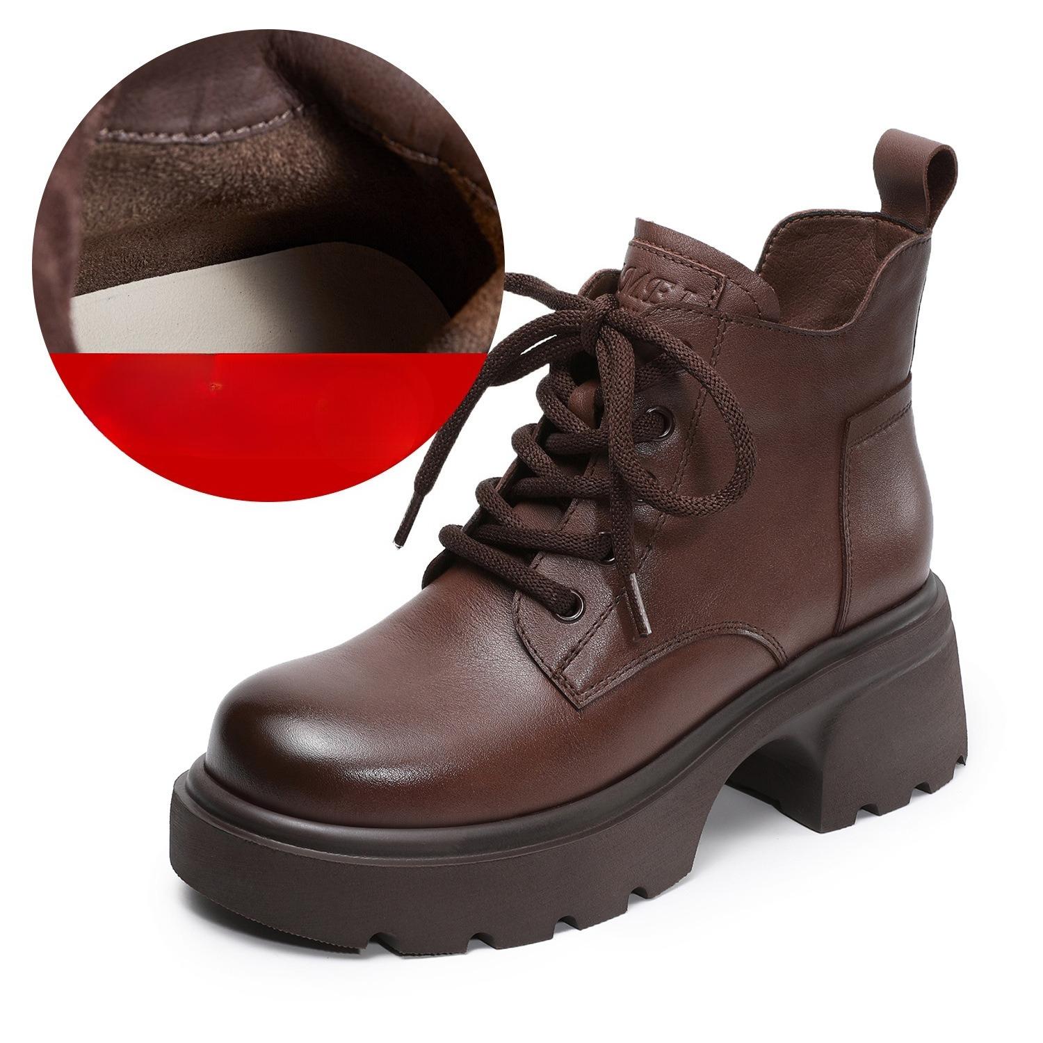 

Leather Shoes with Thick Soles, Women s New Style Short Boots, Autumn-winter Women s Boots 40 коричневий