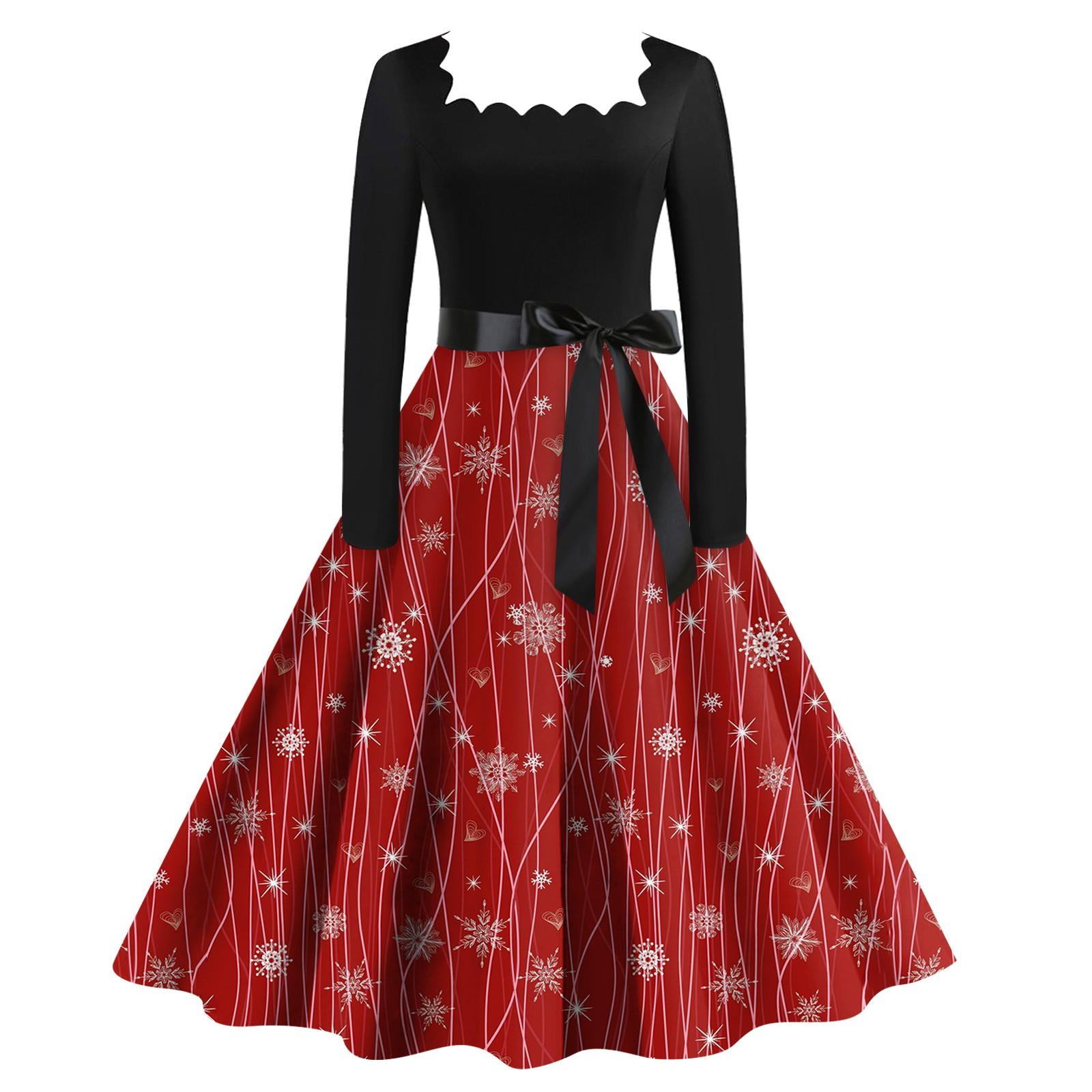 Women s Casual Fashion Christmas Snowflake Print Long Sleeve Dress Cutout Party Casual Square Neck Dress XXL