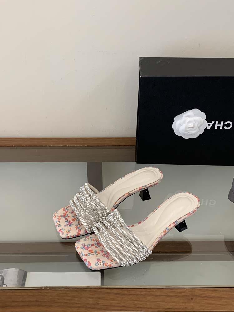One Word With Medium Heel Slippers, Women S Summer Wear Silver Square Head Rhinestone Thin Heel Sandals, Cool Slippers 35
