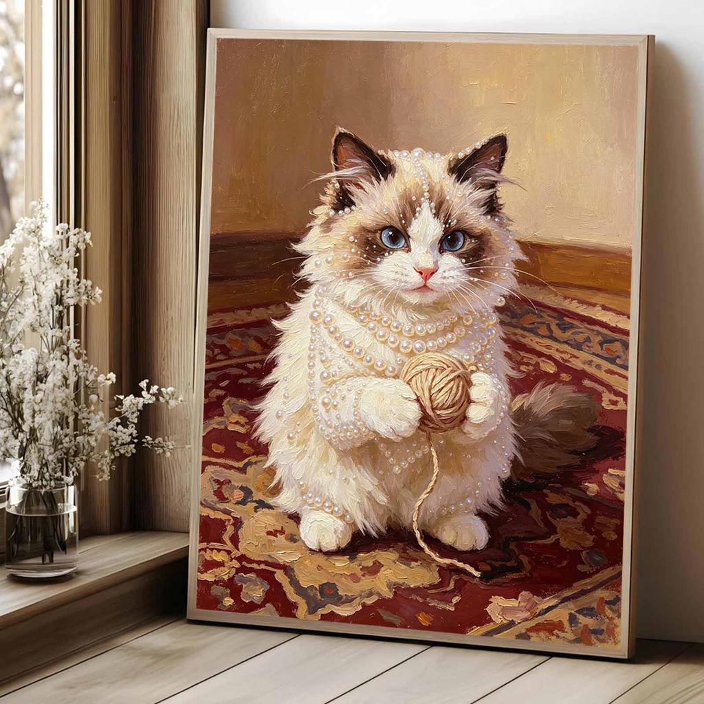 Stretched Frame Pearl Art Kit Adorable Cat With Yarn Pattern DIY Sparkling Bead Canvas Relaxing Hobby Gift for Handcraft Enthusiasts Collection