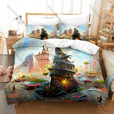 Cool Magical Floating Elven Steampunk Fantasy City HD Print Bedding Set Duvet Cover + 2 Pillowcases Polyester Game Room Decor