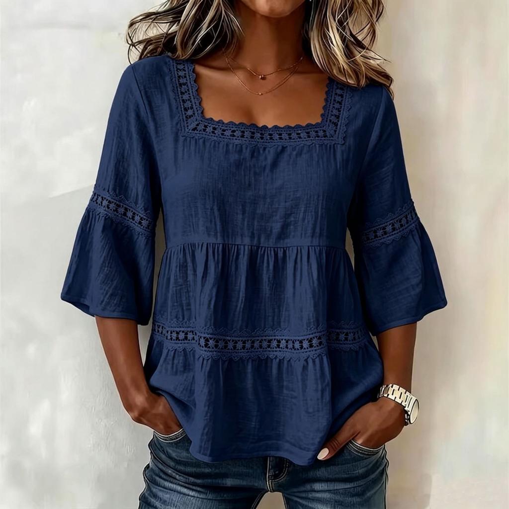 Women Square Neck Lace Trim Bell Sleeve Top Casual Tiered Smocked Solid Color Blouse