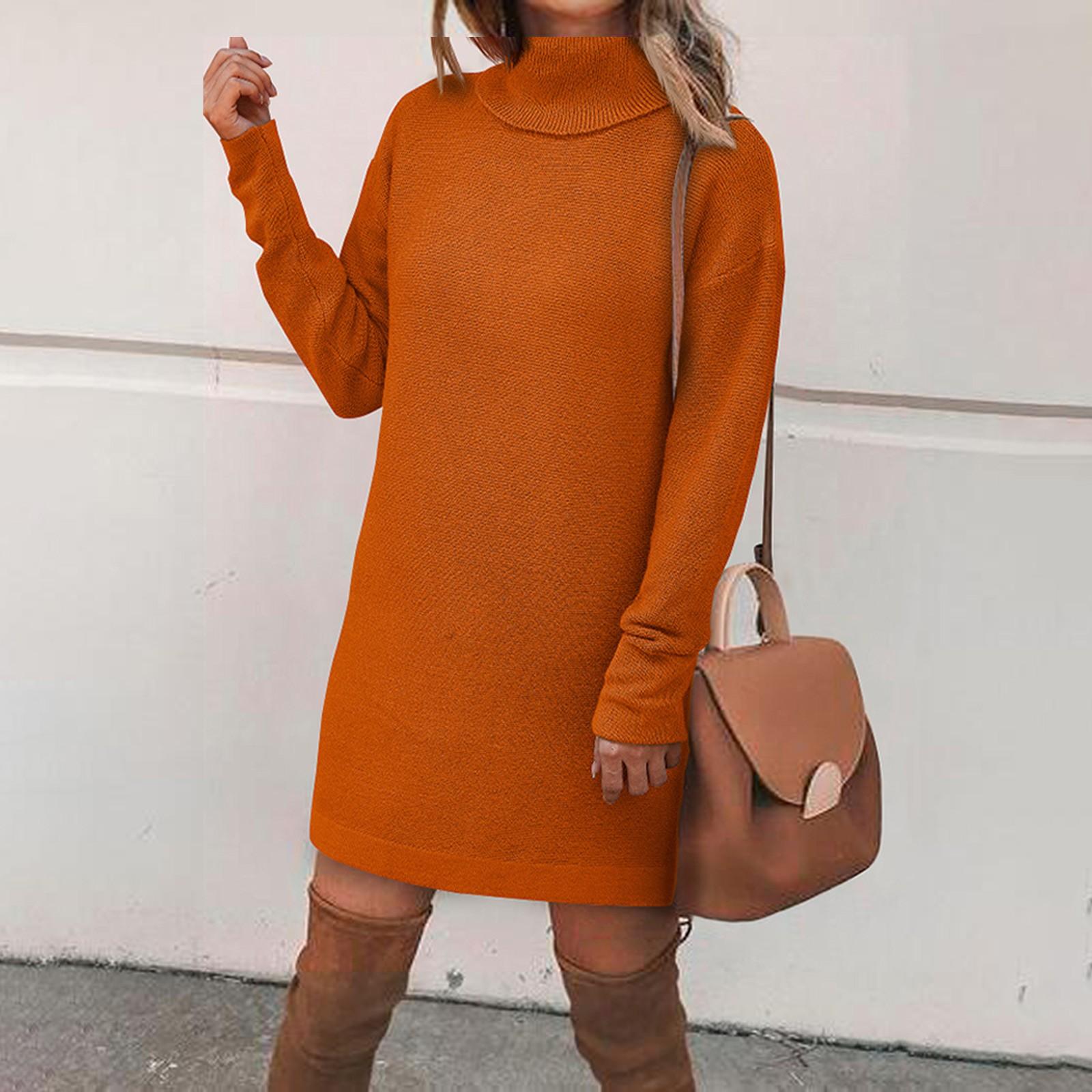 

Женский И Зимний Вязаный Модный Однотонный Пуловер с Высоким Воротником и Длинным Свитером M оранжевый