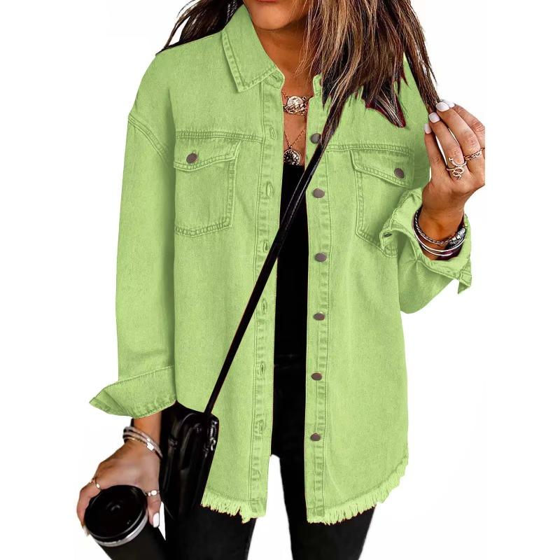 Washed Denim Jacket Women Autumn Tassel Lapel Jeans Female Casual Loose Long Sleeve Single Breasted Outerwear Shirts Coat