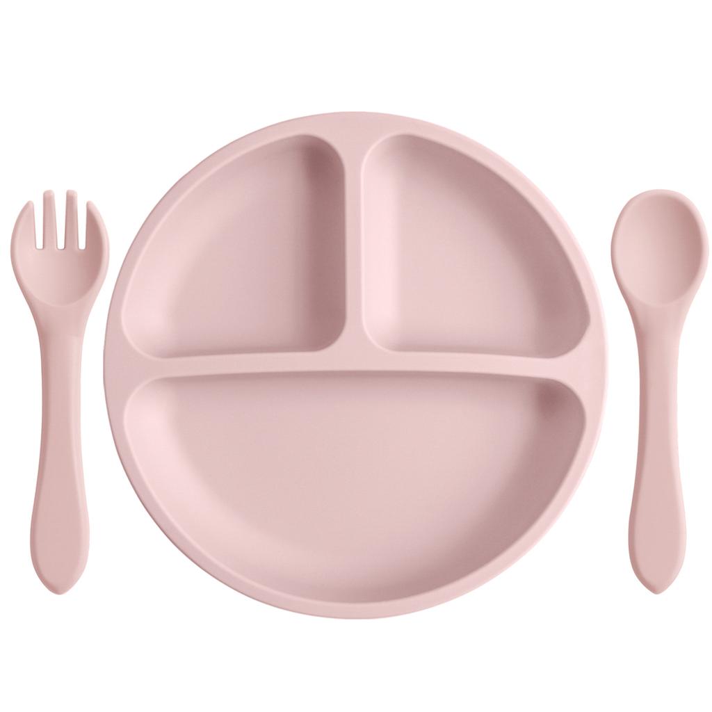 Color Kids 3PCS Silicone Baby Feeding Set Suction Plate Wooden Spoon Fork BPA Free Training Tableware Dish Bowl Gift Set