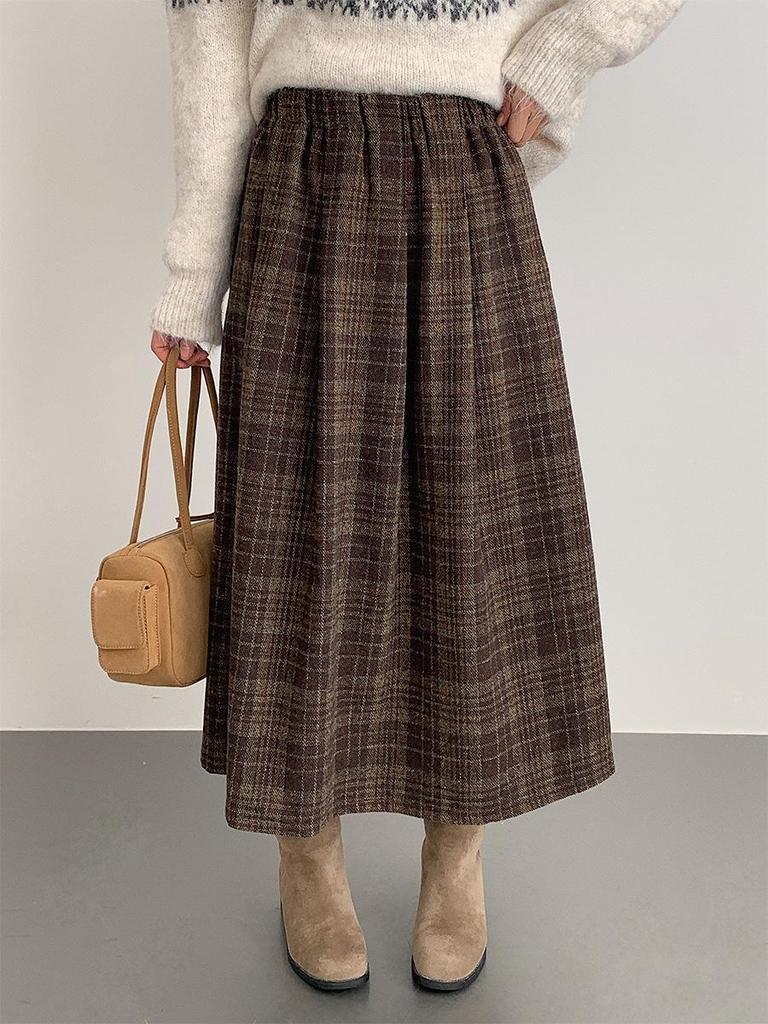 Retro Wool Plaid High-Waisted A-Line Skirt for Women, Slimming Mid-Length with Wide Hem (11008)