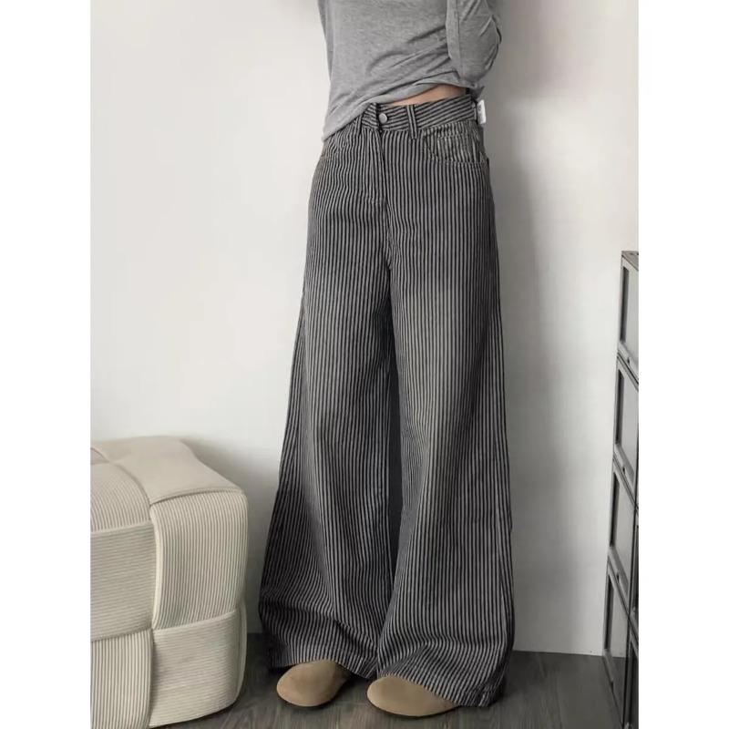 

American Retro Striped Design Wide Leg Jeans for Women Spring New High Waist Loose Straight Casual Floor Mopping Pants 2XL