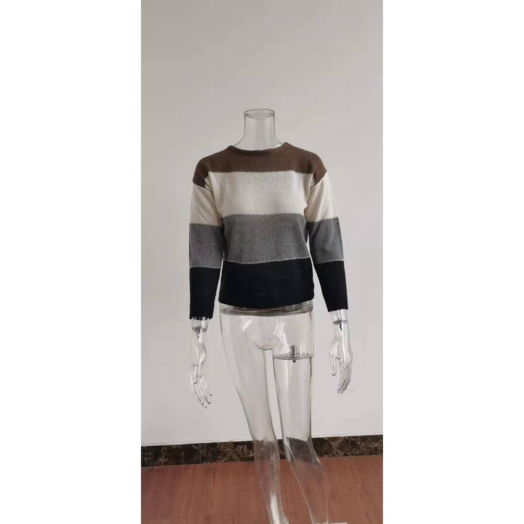 New Women's Casual Striped Long Sleeve Round Neck Autumn Winter Pullover Knitted Sweater Top
