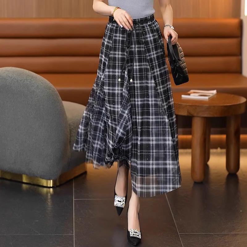 

Women s High Waist Retro Plaid Mesh Midi Skirt - Spring/Summer 2025 Collection M (95-105 lbs recommended)
