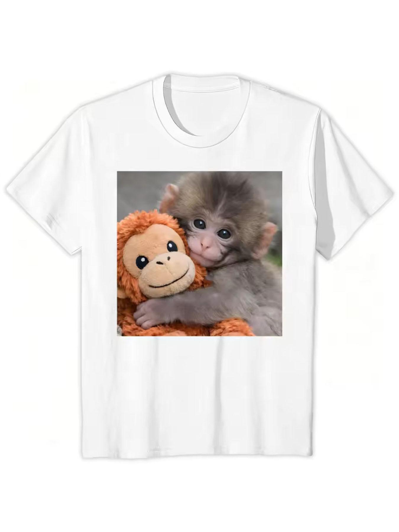 Funny Team Punch Monkey Graphic O Neck Tee Shirt, Baby Monkey Holding Tee Shirt Short Sleeve Plus Size Tops S
