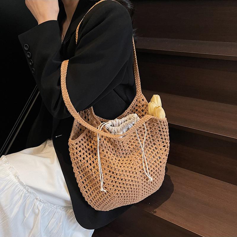 Yogodlns Summer Beach Woven Tote Bag For Women Hollow-out Lightweight Large Capacity Shopper Shoulder Bag with Inner