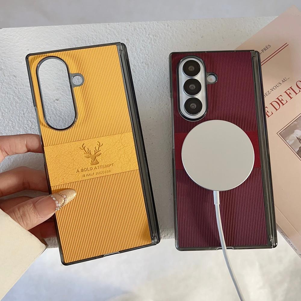 For Samsung Galaxy Z Fold 8 7 6 5 4 Case Magnetic Leather Deer Pattern Hinge Thin Shockproof PC Wireless Charge Cover For ZFold7