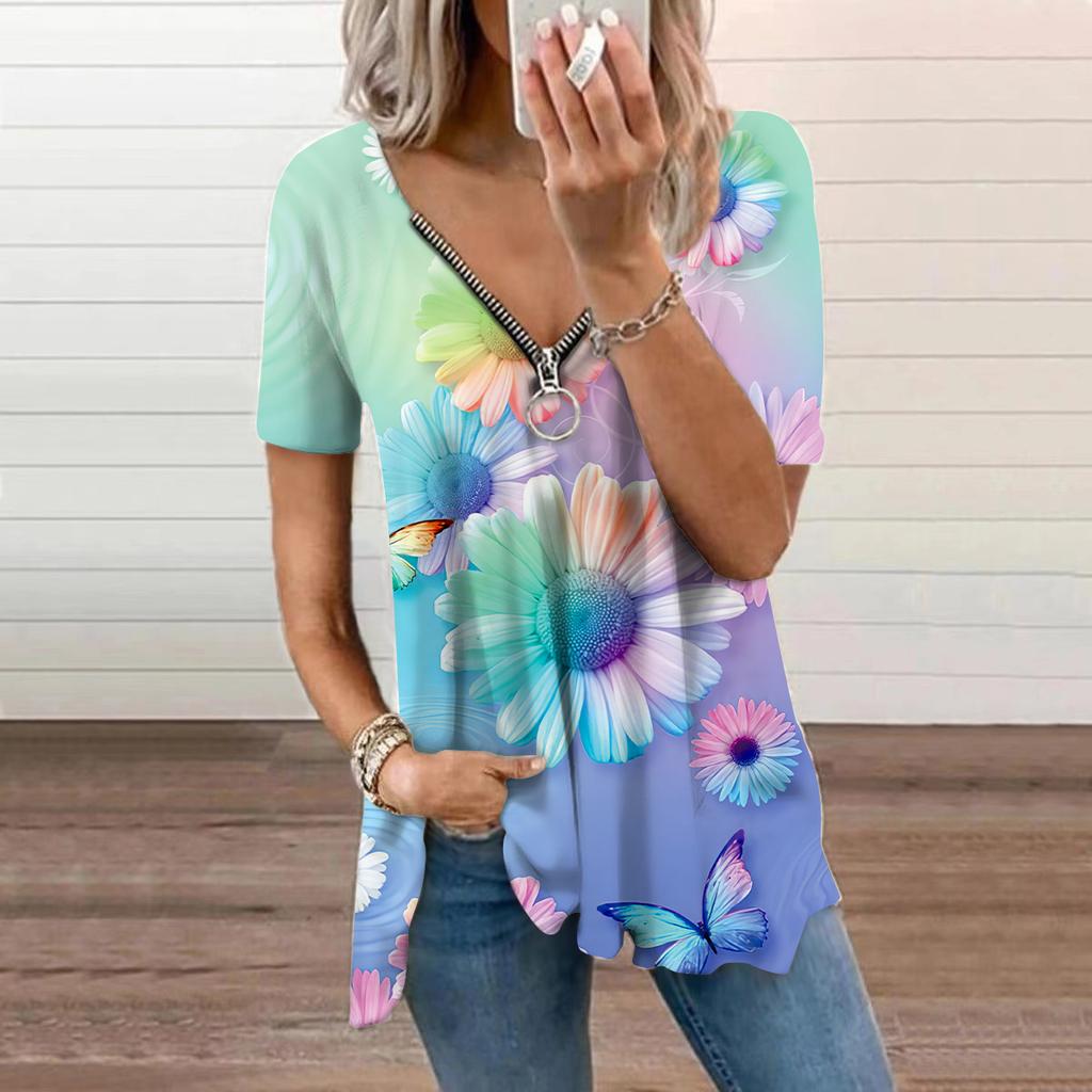 Women's Top Summer New Fashion Fantastic Pink Flowers Printed Casual Zipper V-neck Short Sleeve Top
