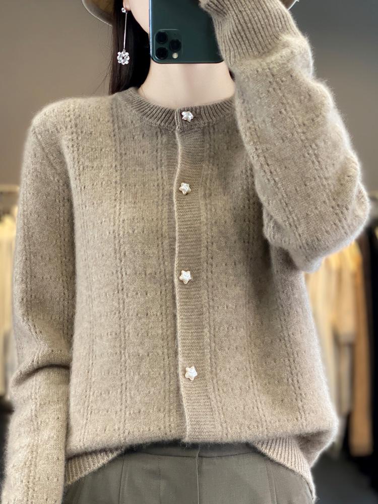 Women's Round Neck Wool Cardigan: Loose Fit, Solid Color, Hollow Long Sleeve - Suitable for Spring, Autumn, and Winter.