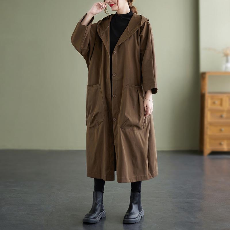 2338 Women's Plus Size Artistic Casual Trench Coat - 2026 Spring New Arrival, Mid-Length, Long-Sleeved Outerwear