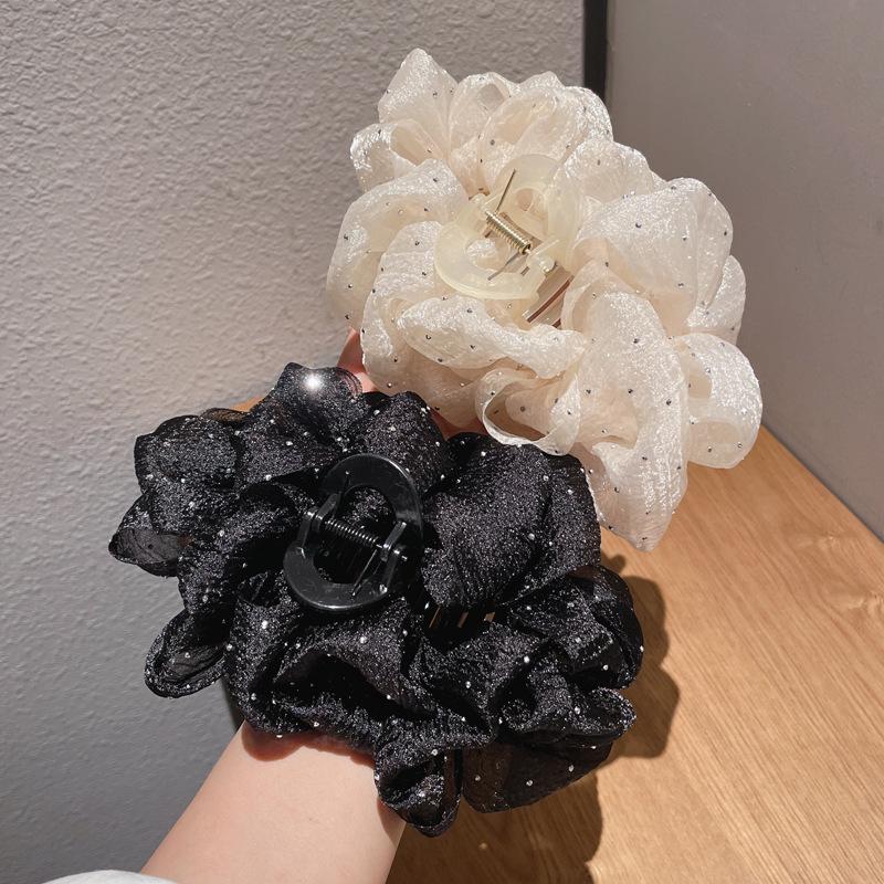 Double-Sided Large Bow Hair Clip for Women - Mesh Shark Clip with Floral Design