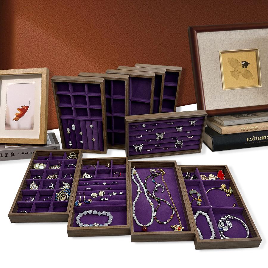 1 Pc, Walnut Wood Pattern Jewelry Box, Jewelry Tray, Suitable for Storing Necklaces, Rings, Earrings and Ear Studs. Color: Violet
