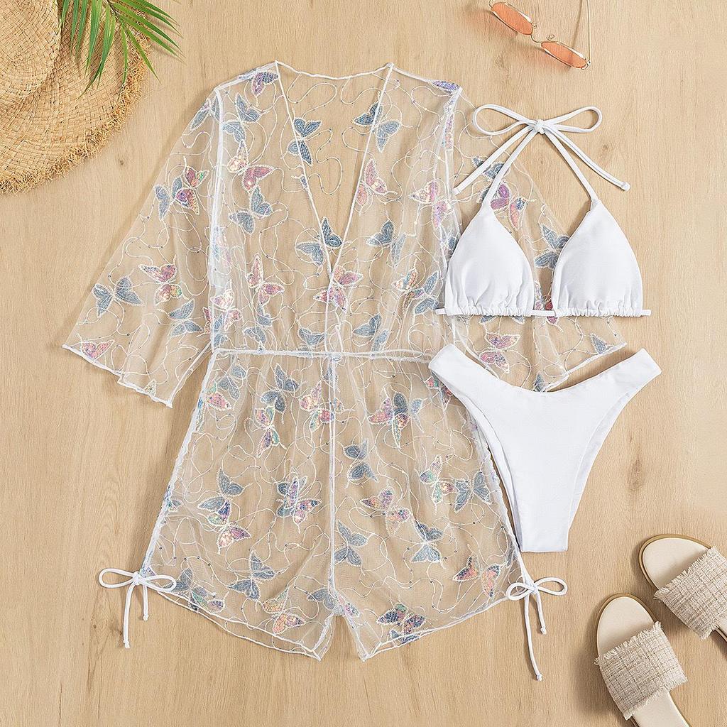European & American Bikini Three-Piece Set: Mesh Sun Protection Cover-up with Nine-Sleeve & Sexy Bikini (2026)
