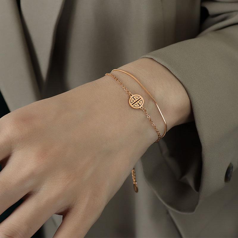 Elegant Chinese-Style Double-Layer Snake Chain Bracelet, 18K Gold Titanium Steel Design for Women