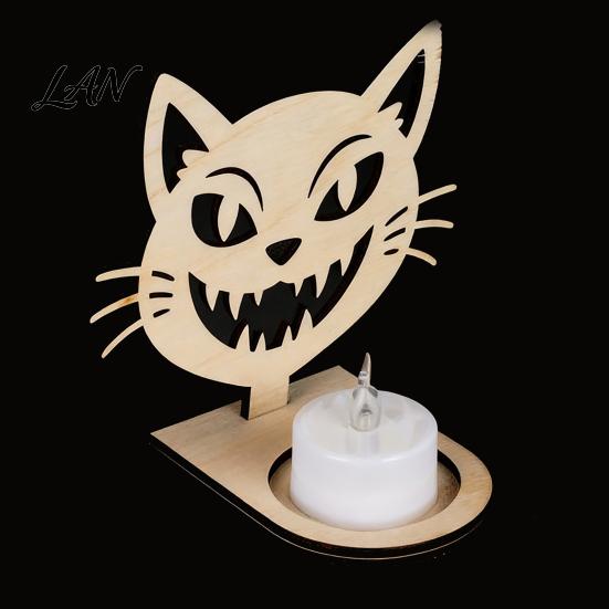 Halloween Tealight Base Wooden Candle Holder Ornaments, Decorative Cat/Pumpkin/ Ghost/Skull Projection Theme Light Stand, Creative Tabletop