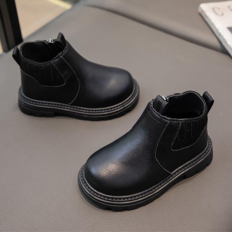 Children's British Style Leather Boots with Side Zipper and Non-Slip Sole